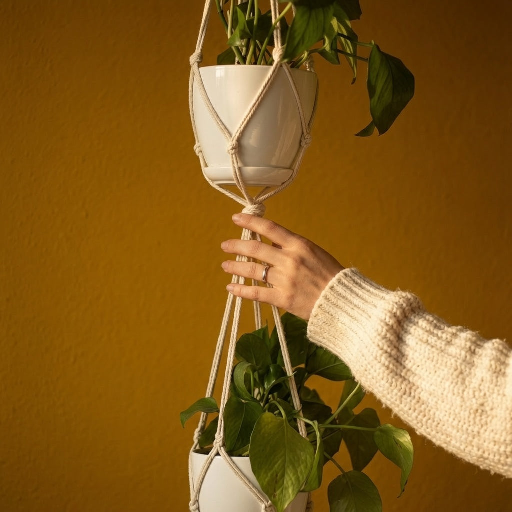 Hand holding two tier macrame plant hanger with double cradle against warm mustard yellow wall