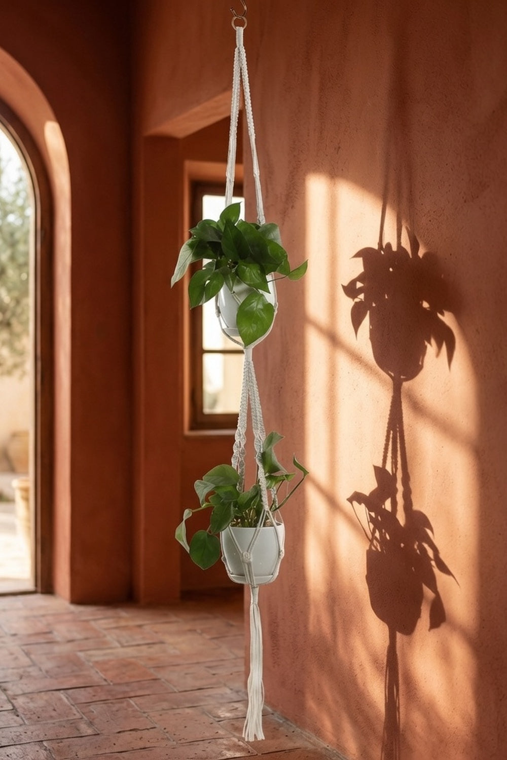 Long macrame plant hanger with knot bead texture near terracotta archway entrance