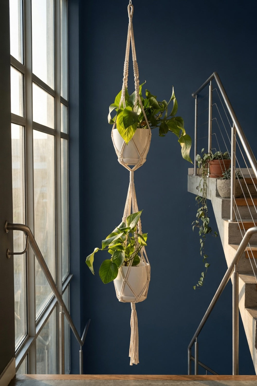 Double cascade macrame plant hanger with diamond net cradles on dark blue stairwell wall