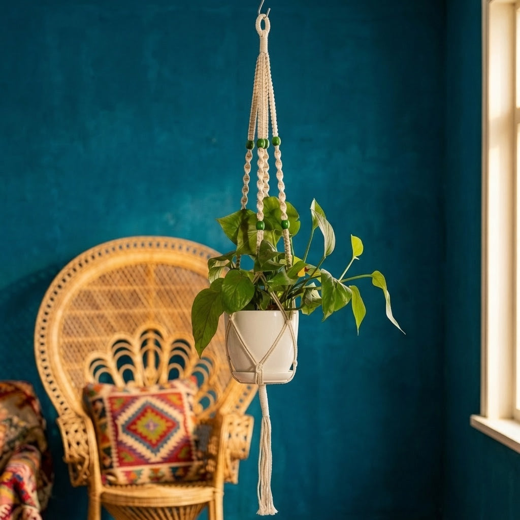 Macrame plant hanger with green bead accents in vibrant boho living room, rattan chair, teal wall