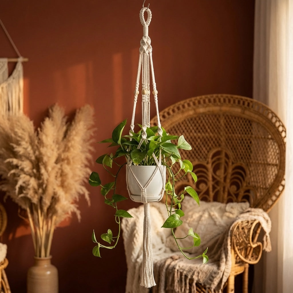 Macrame ring plant hanger with crown weave pattern in warm bohemian living room, terracotta wall, rattan chair