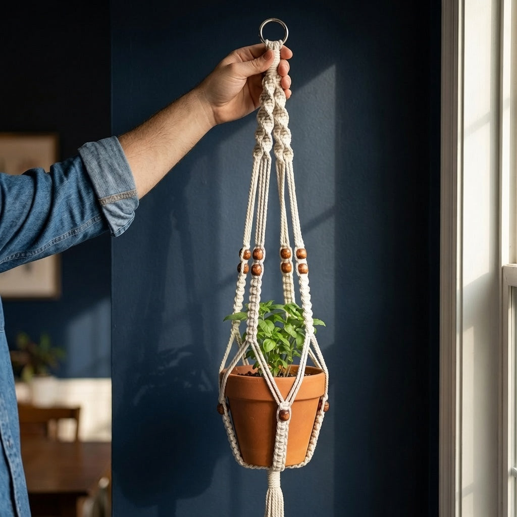 Hand holding classic macrame plant hanger with wooden bead detail against navy blue wall, boho plant holder closeup