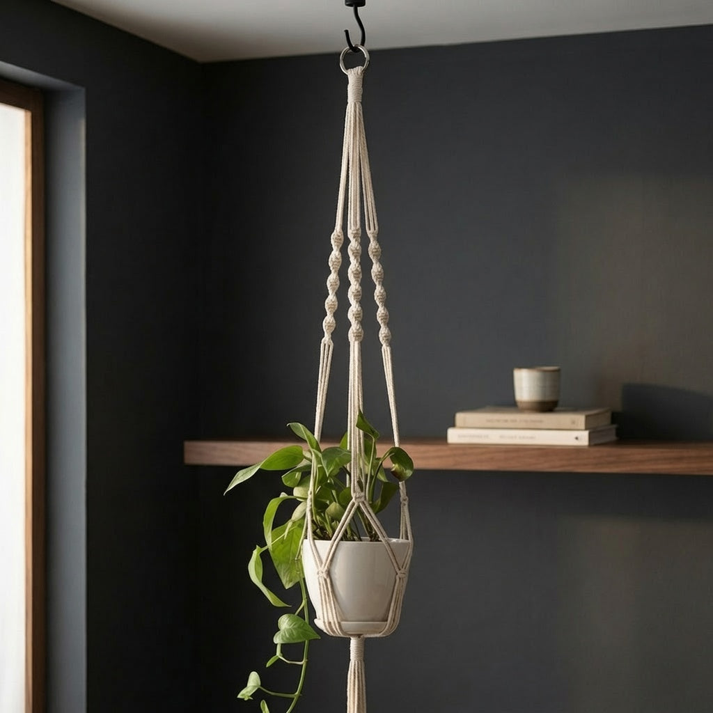 Classic macrame plant hanger with wooden bead accents on navy blue wall, book shelf background, boho decor