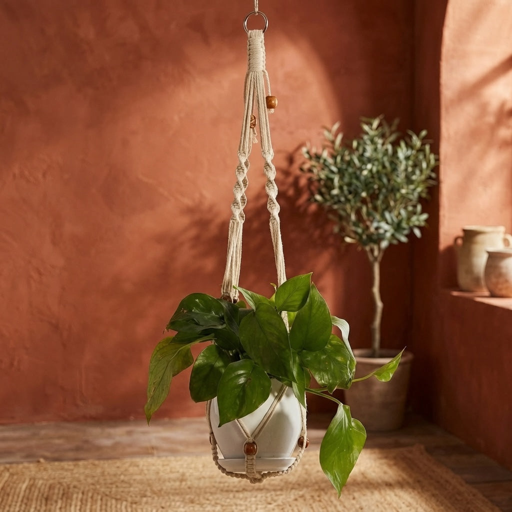 Net basket macrame plant hanger with wooden bead accents in warm terracotta room, boho home decor