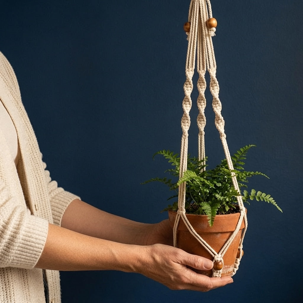 Hand holding terracotta pot in net basket macrame plant hanger, boho plant holder closeup detail