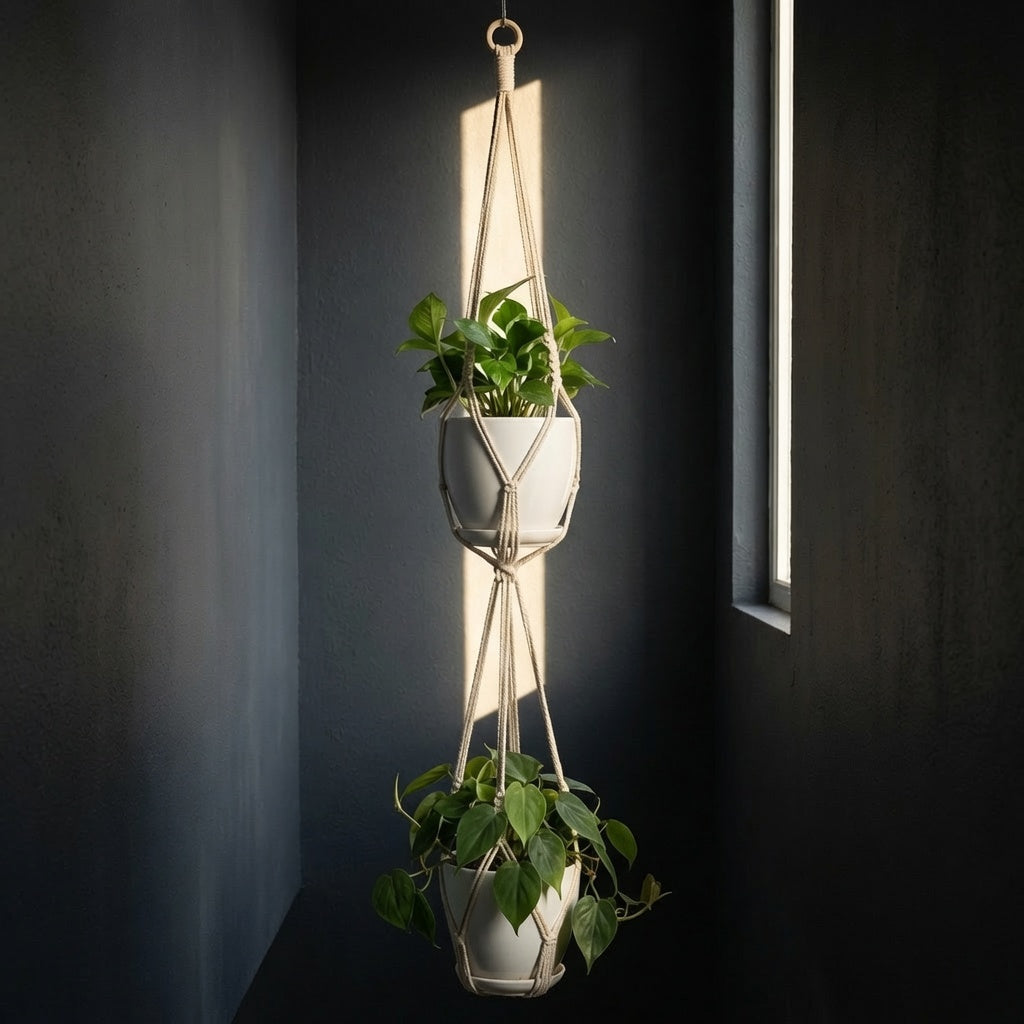 Tiered double pot macrame plant hanger with net basket cradles in dark hallway, two plants on one hanger