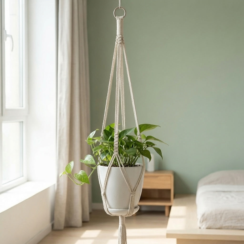Lightweight net basket macrame plant hanger near window in sage green bedroom, Scandinavian decor