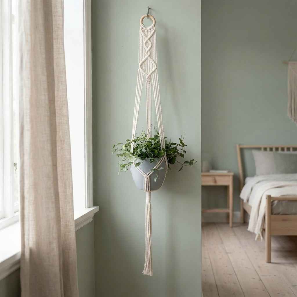 Wooden ring plant hanger with crown weave pattern on sage green wall near window, Scandinavian decor