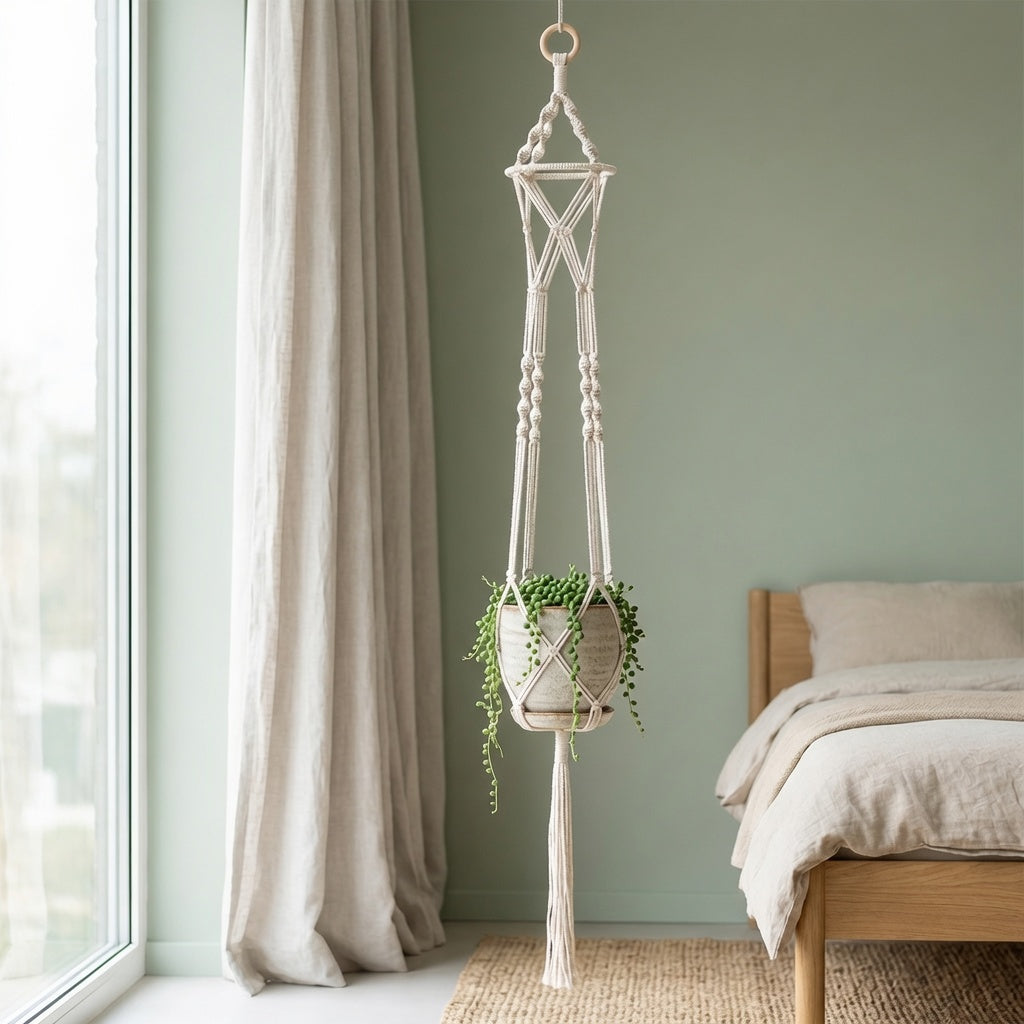 X cross weave macrame plant hanger near window in sage green bedroom decor