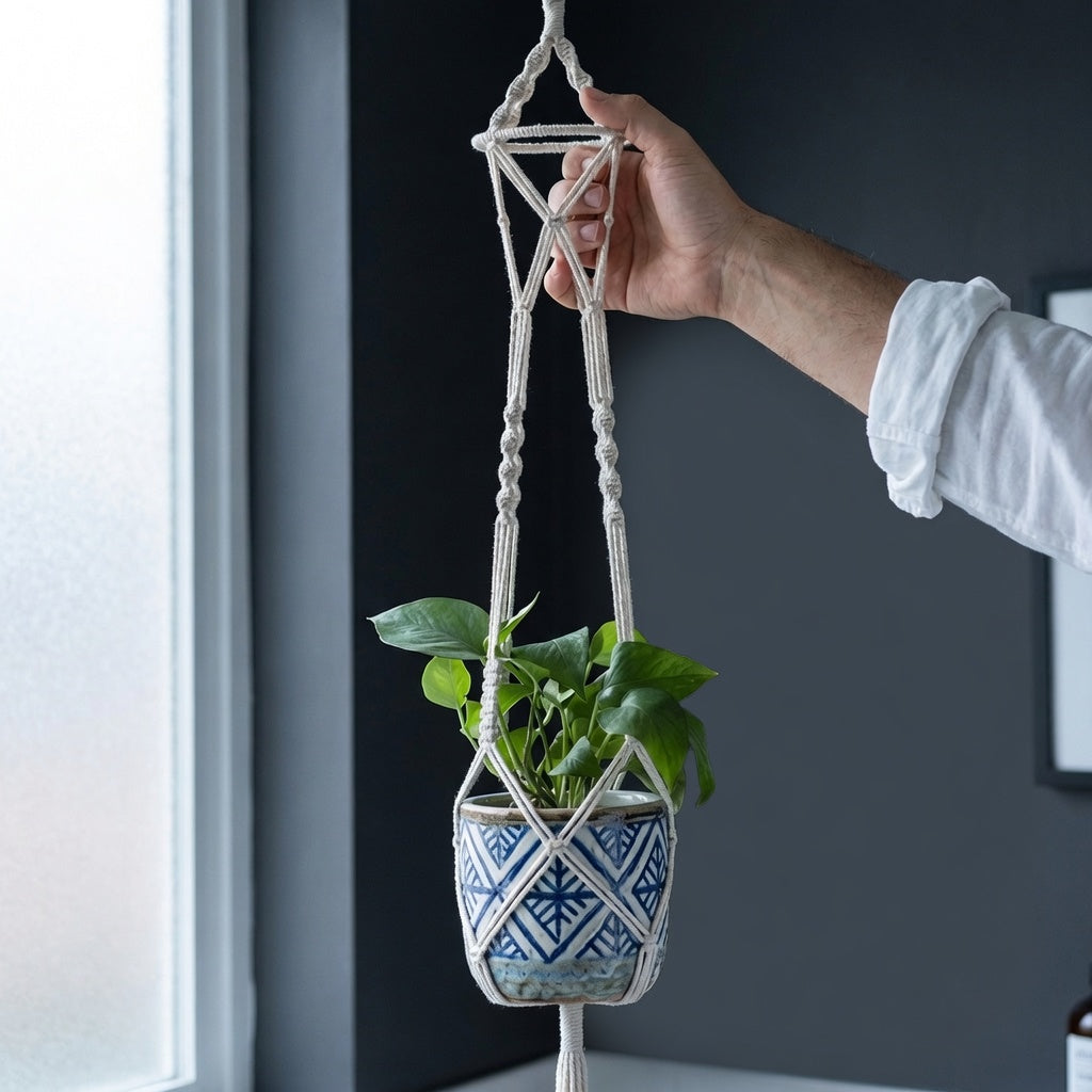 Hand holding triangle X cross macrame plant hanger with patterned pot against navy door
