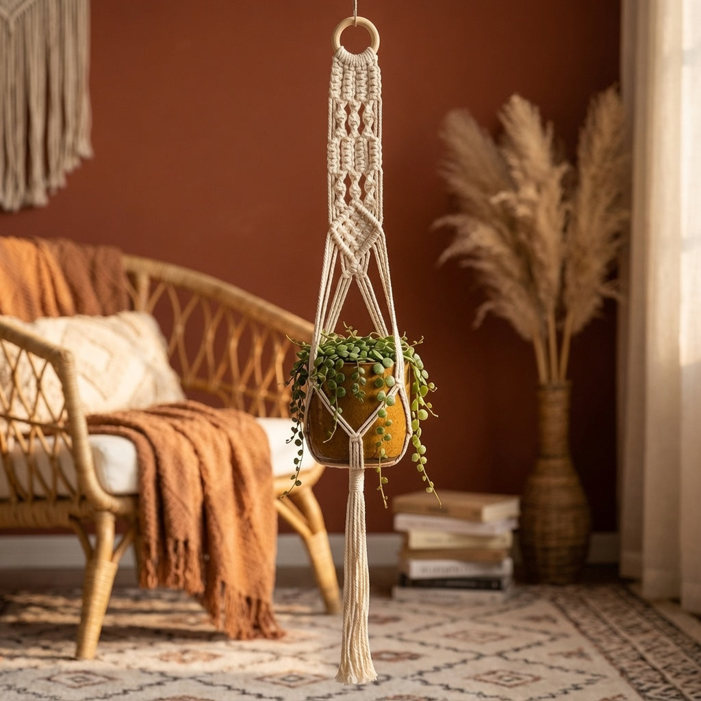 Comb diamond macrame plant hanger with wooden ring in warm bohemian living room