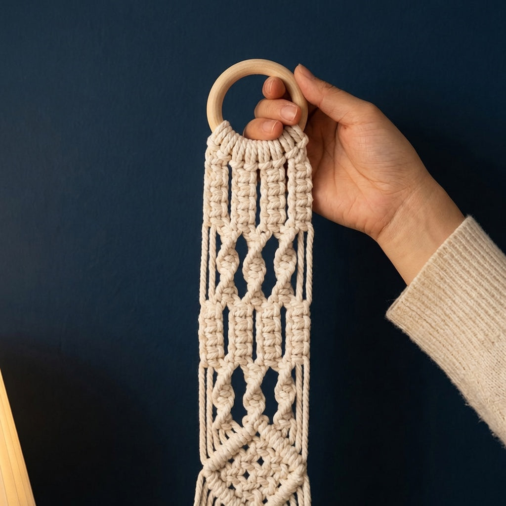 Hand holding wooden ring top of comb diamond panel weave hanger against navy blue wall