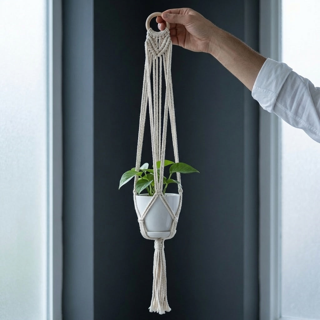 Hand holding wooden ring top of chevron macrame plant hanger against dark slate grey wall
