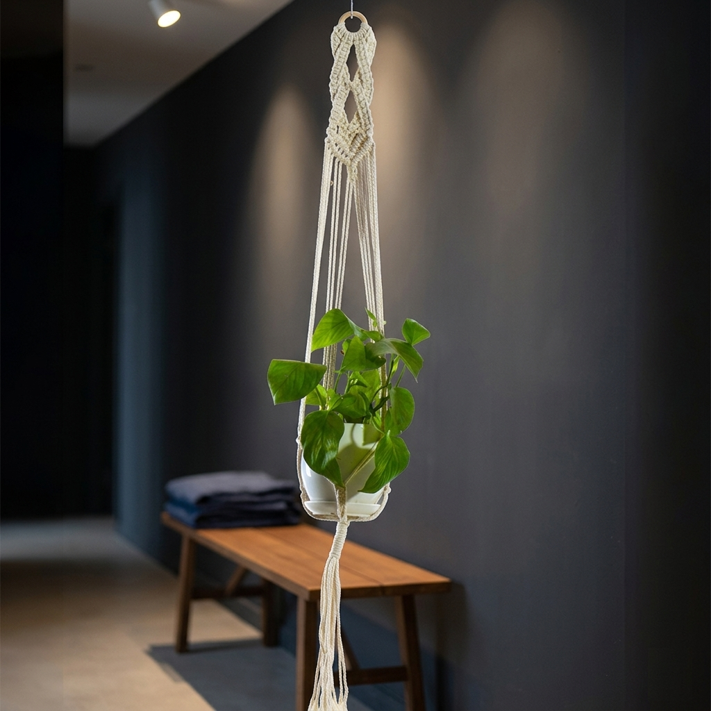 Macrame plant hanger with dense diamond crown weave hanging in dark hallway, wooden bench, boho decor