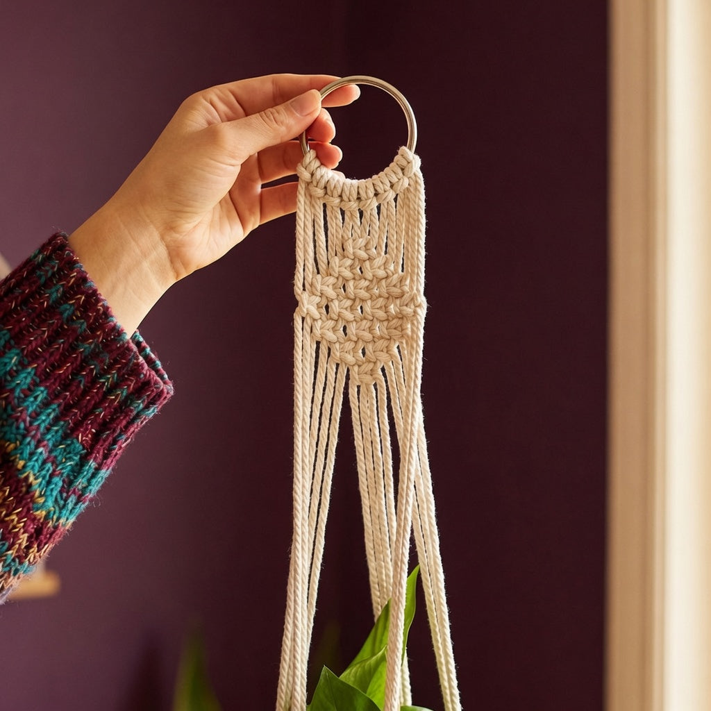 Hand holding chunky panel weave macrame plant hanger against deep burgundy wall