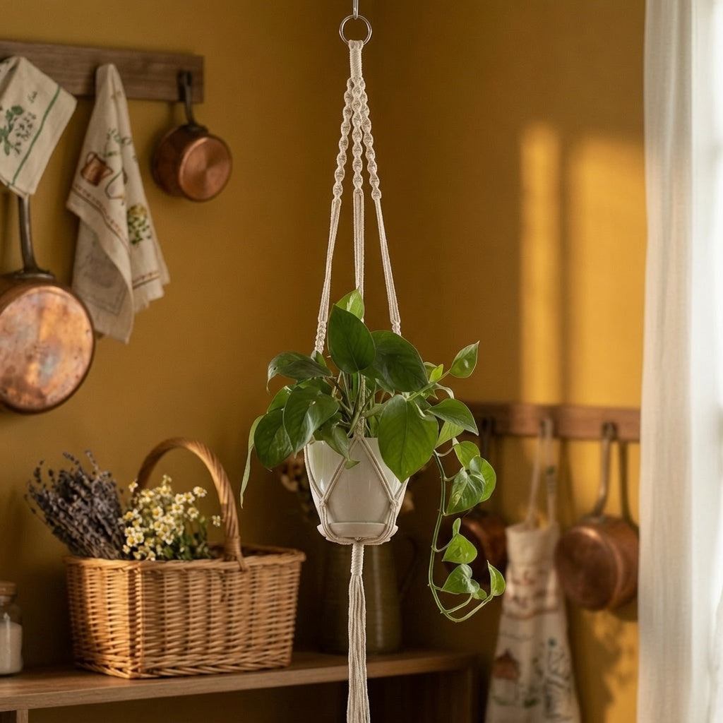 Classic knotted macrame plant hanger with tassel fringe in warm farmhouse kitchen, mustard yellow wall decor