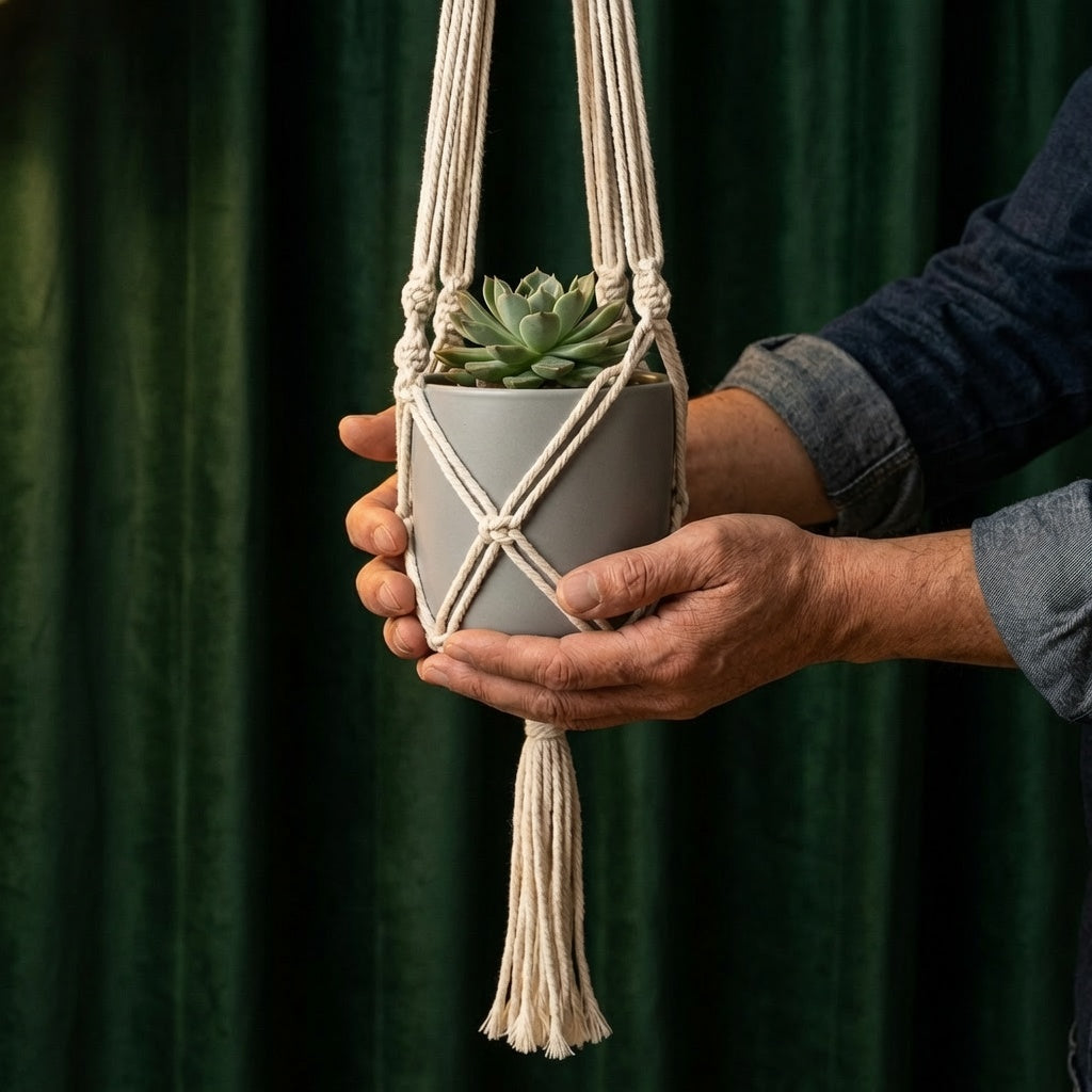 Hands holding net basket macrame plant hanger with succulent against dark green curtain, boho plant holder