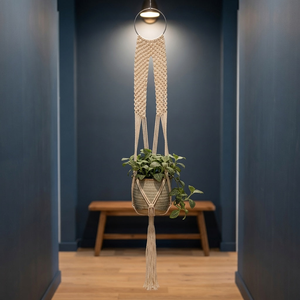 Panel weave macrame plant hanger with metal ring in dark blue hallway, wooden bench