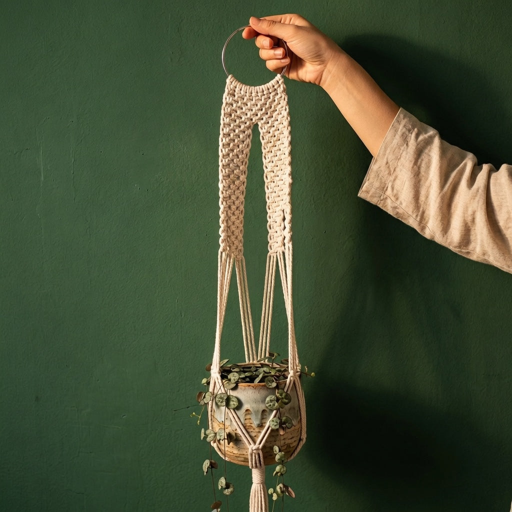 Hand holding panel weave macrame plant hanger against deep forest green wall