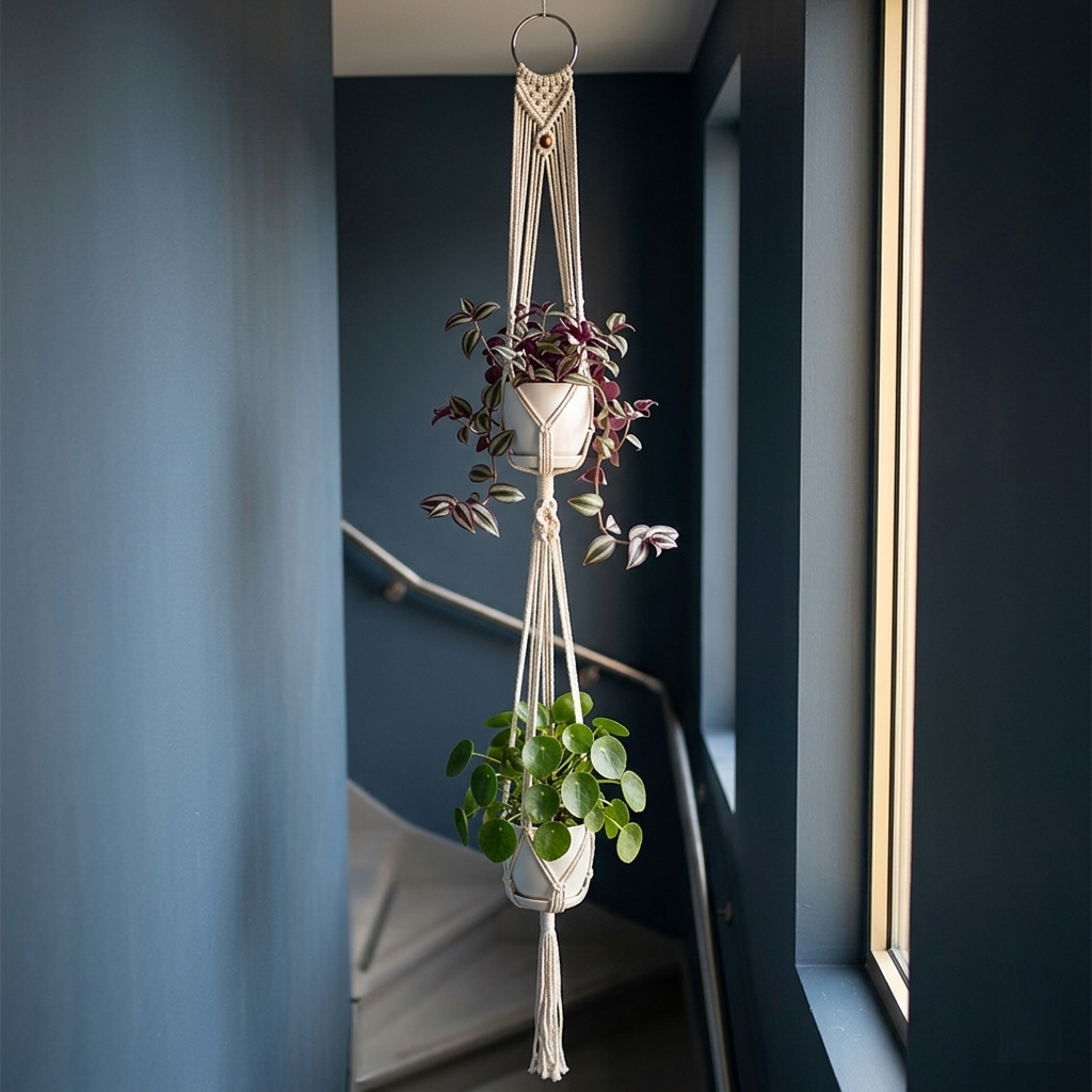 Tiered ring plant hanger with crown weave in dark blue hallway, two pots on one hanger, boho decor