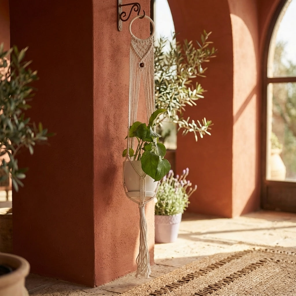 Macrame ring plant hanger with crown weave and bead accent near terracotta archway, Mediterranean decor
