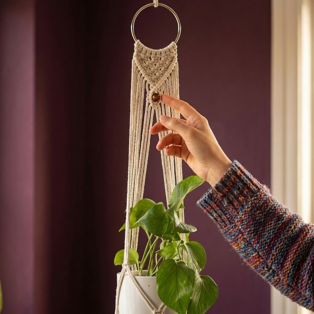 Hand touching bead accent on macrame ring plant hanger crown weave against deep burgundy wall