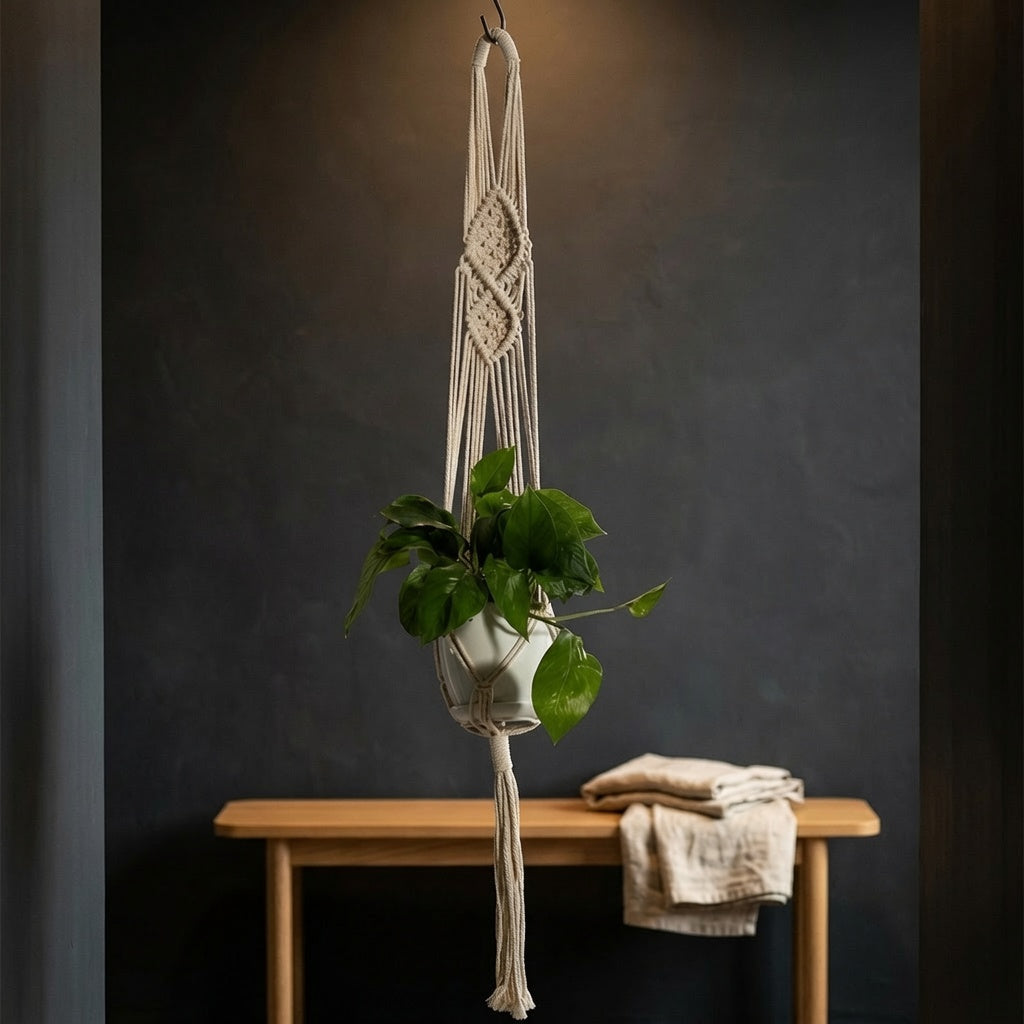 Double medallion lace flower macrame plant hanger on dark charcoal wall with wooden bench
