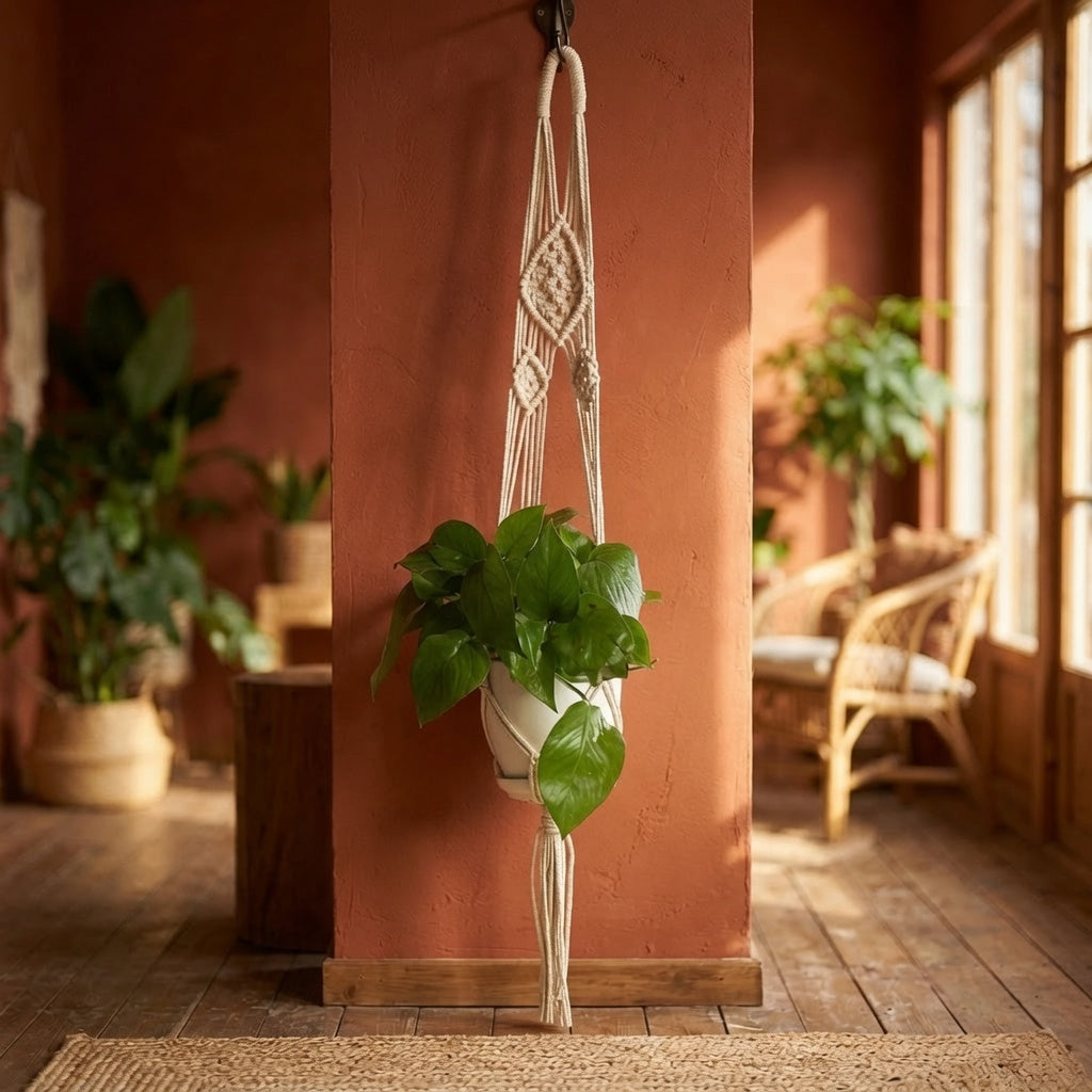 Lace flower macrame plant hanger with medallion weave near terracotta archway, Mediterranean decor