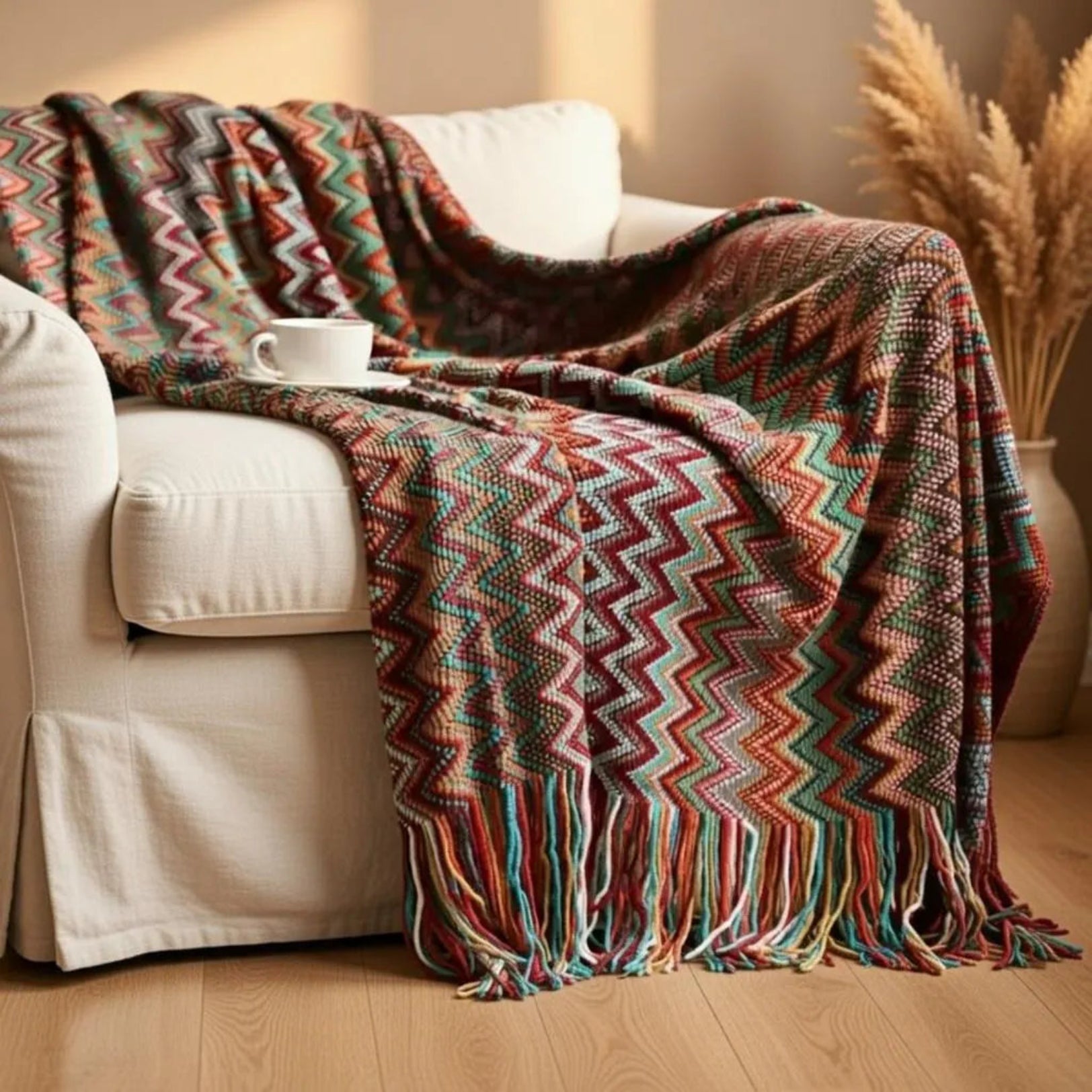 Zigzag woven blanket draped over cream sofa armrest, living room decor