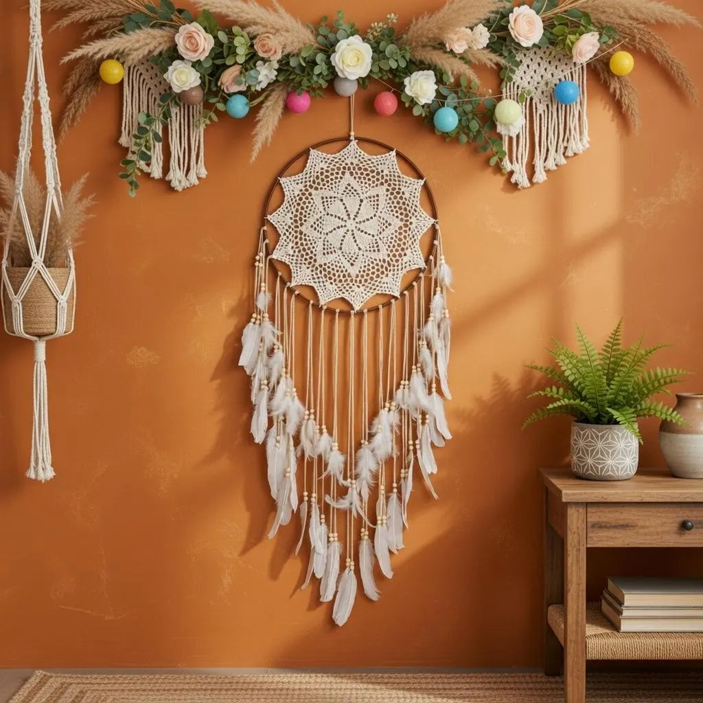 Large Boho Dreamcatcher with Feathers | Crochet Lace Hanging | Bohemian Bedroom Gift for Her
