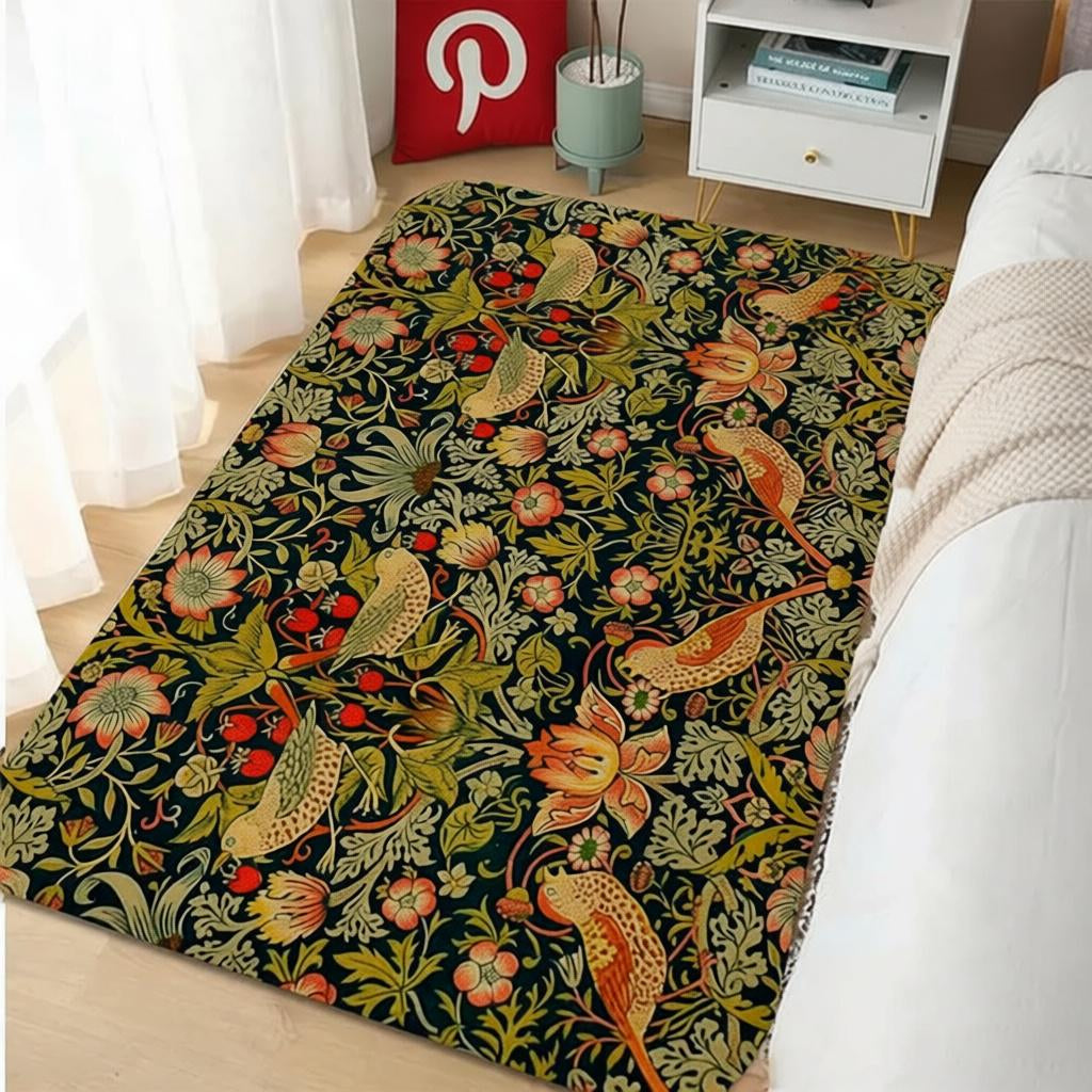 Orange and rust William Morris floral area rug in a bedroom with sheer curtains and a small accent table
