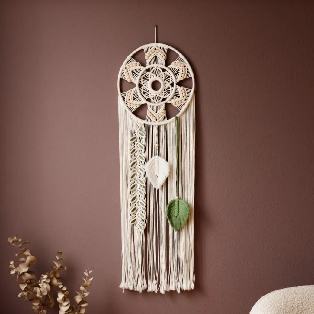 Macrame Wall Hanging Dream Catcher | Mandala Boho Wall Decor Wood Beads Green Leaf Fringe