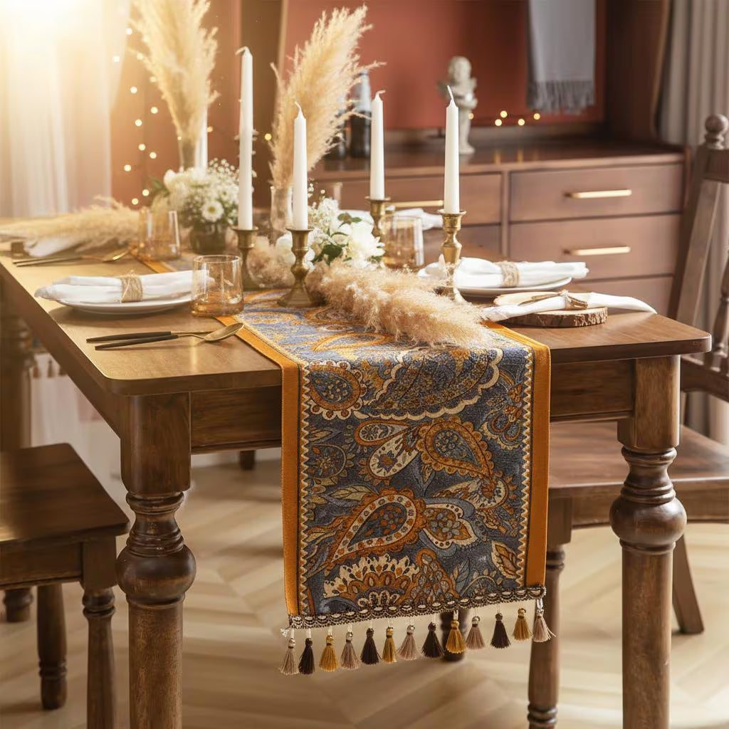 Boho Paisley Table Runner with Tassels | Farmhouse Vintage Fringe Runner | Wedding Holiday Decor