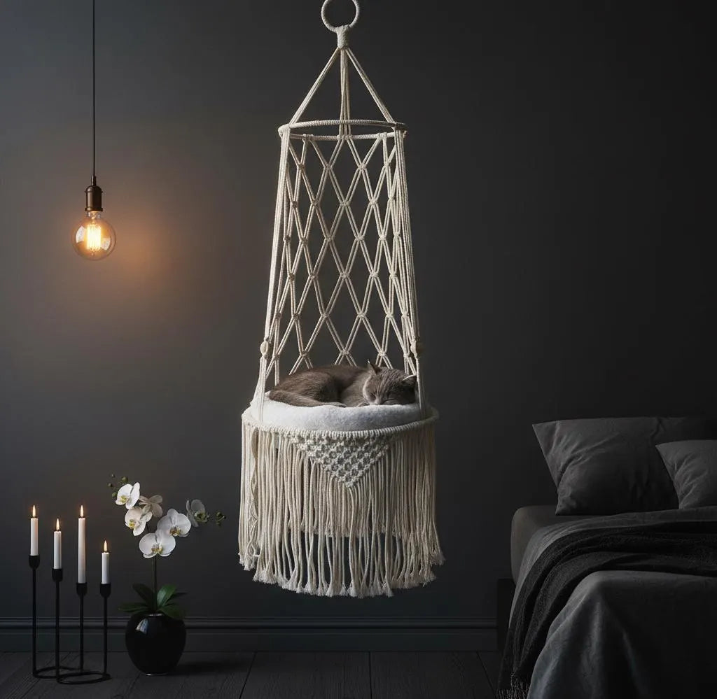 Macrame Cat Hammock – Handmade Fringe Hanging Bed, Boho Pet Decor, Cat Lover Gift
