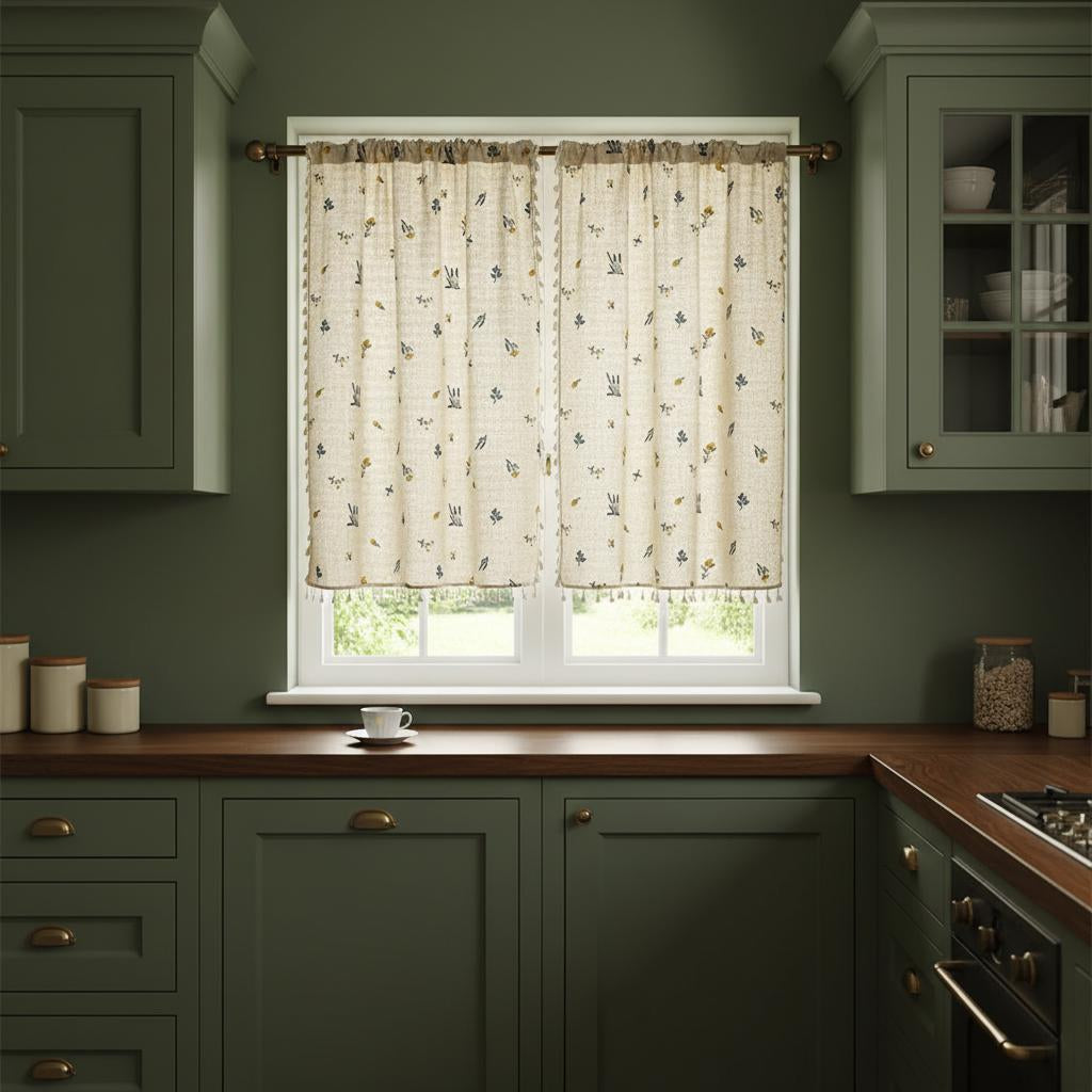 Boho Embroidered Linen Curtain Daisy Floral Farmhouse Rod Pocket Window Drape