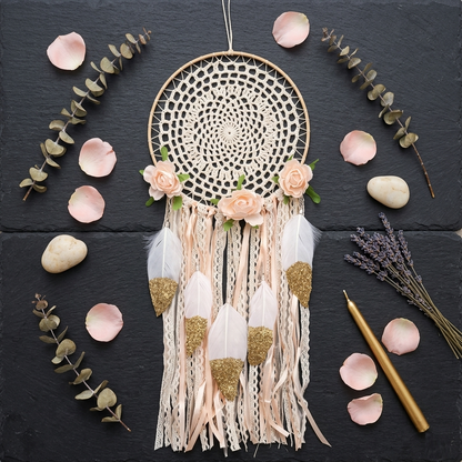 Bohemian flower dreamcatcher flat lay dark slate with rose petals eucalyptus lavender and gold candle