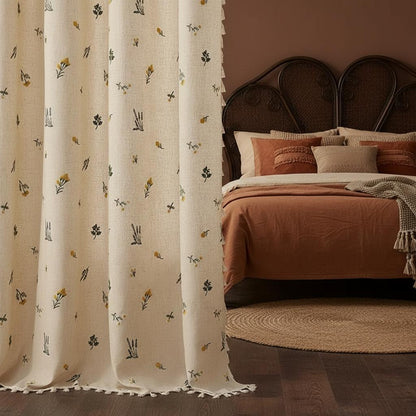 Boho Embroidered Linen Curtain Daisy Floral Farmhouse Rod Pocket Window Drape