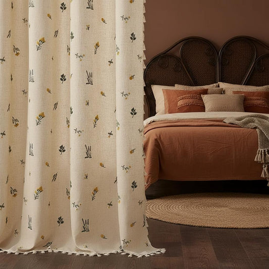 Boho Embroidered Linen Curtain Daisy Floral Farmhouse Rod Pocket Window Drape