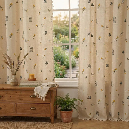 Boho Embroidered Linen Curtain Daisy Floral Farmhouse Rod Pocket Window Drape
