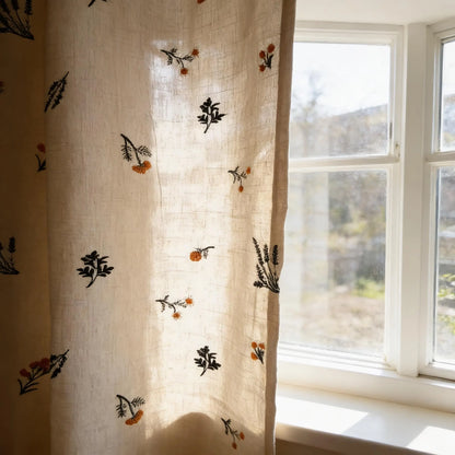 Boho Embroidered Linen Curtain Daisy Floral Farmhouse Rod Pocket Window Drape