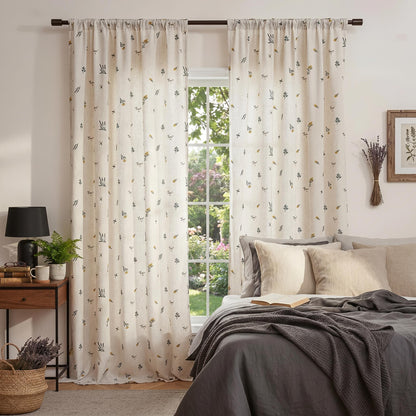 Boho Embroidered Linen Curtain Daisy Floral Farmhouse Rod Pocket Window Drape