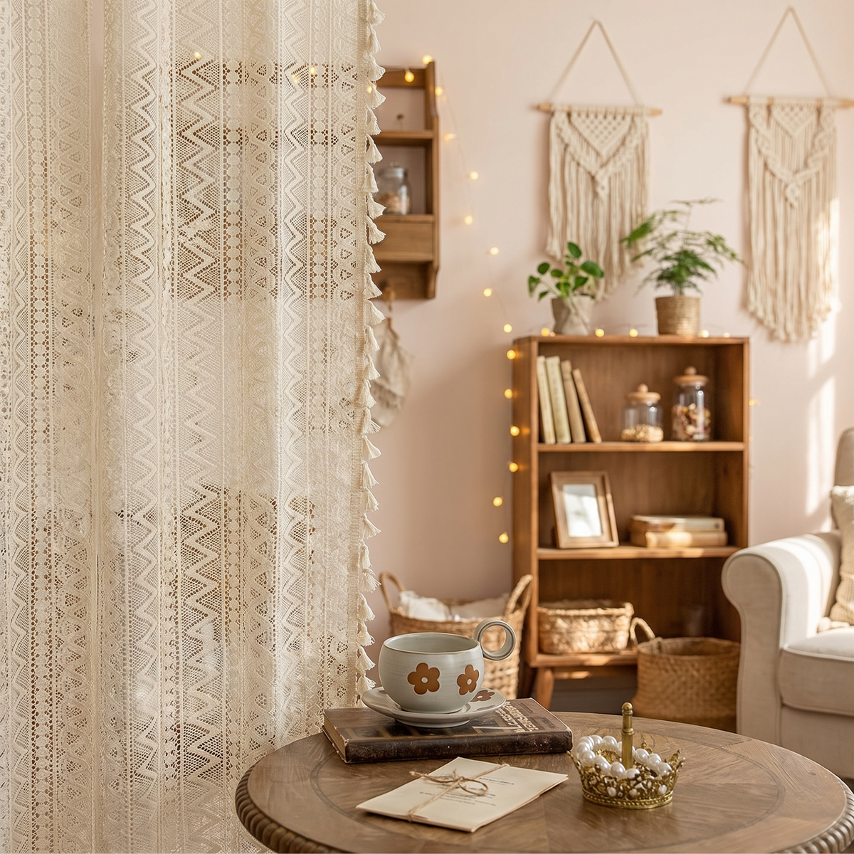 Cozy living room with wooden bookshelf, coffee table, and decorative items.