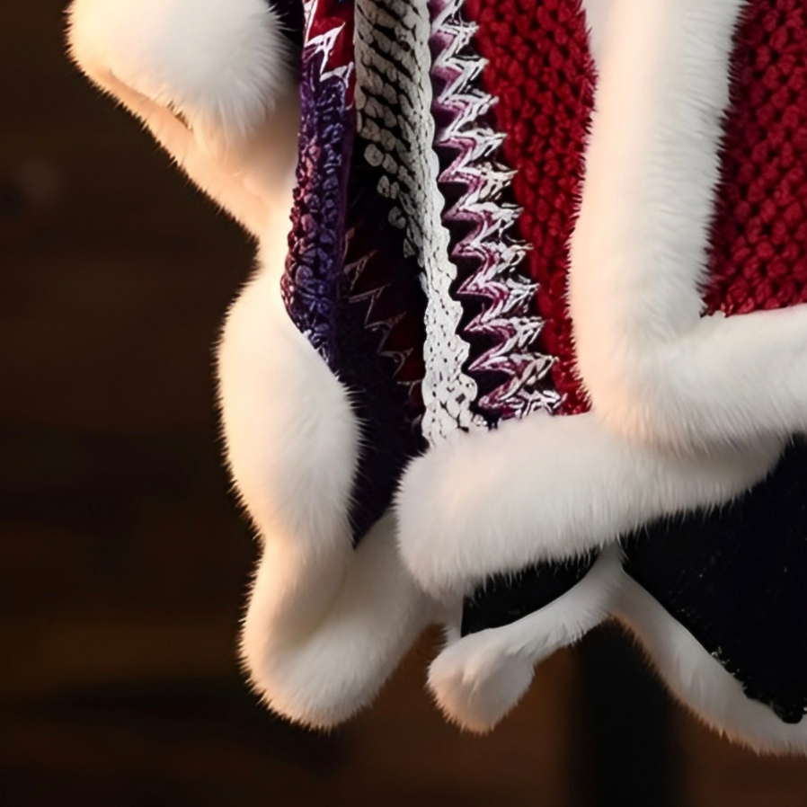 Close-up of the Deep Red boho knit cape showing the chevron jacquard pattern and soft white plush trim