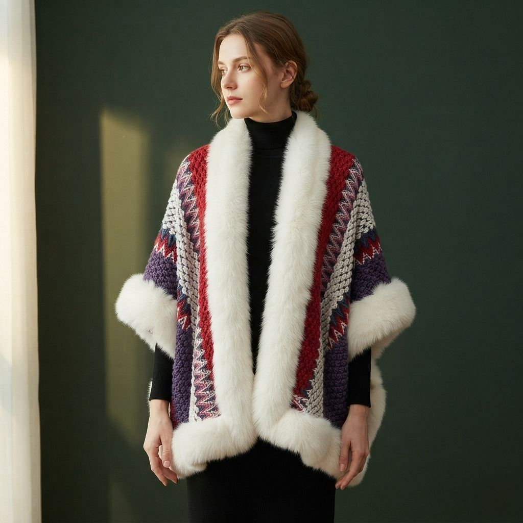 Woman wearing a Deep Red boho knit poncho cape with white plush trim and chevron pattern over a black turtleneck