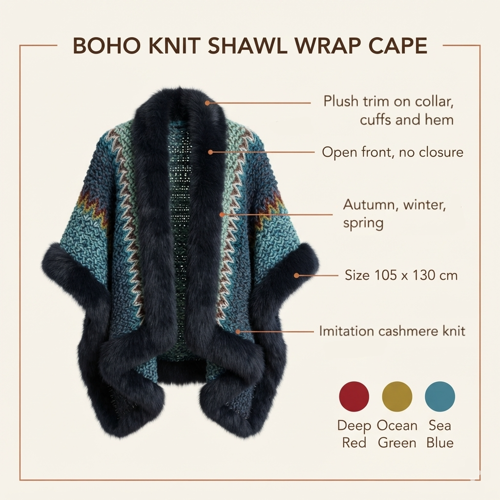 Infographic of the boho knit shawl wrap cape: plush trim, open front, 105 x 130 cm, imitation cashmere knit, three colors