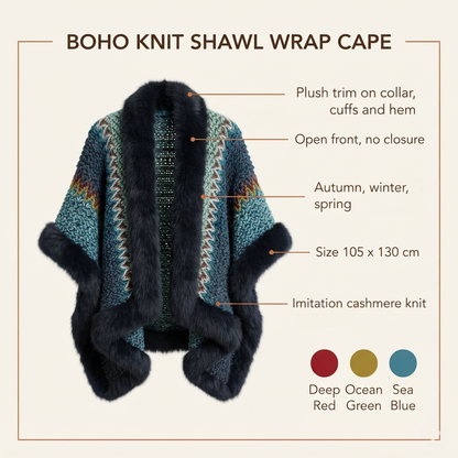 Infographic of the boho knit shawl wrap cape: plush trim, open front, 105 x 130 cm, imitation cashmere knit, three colors