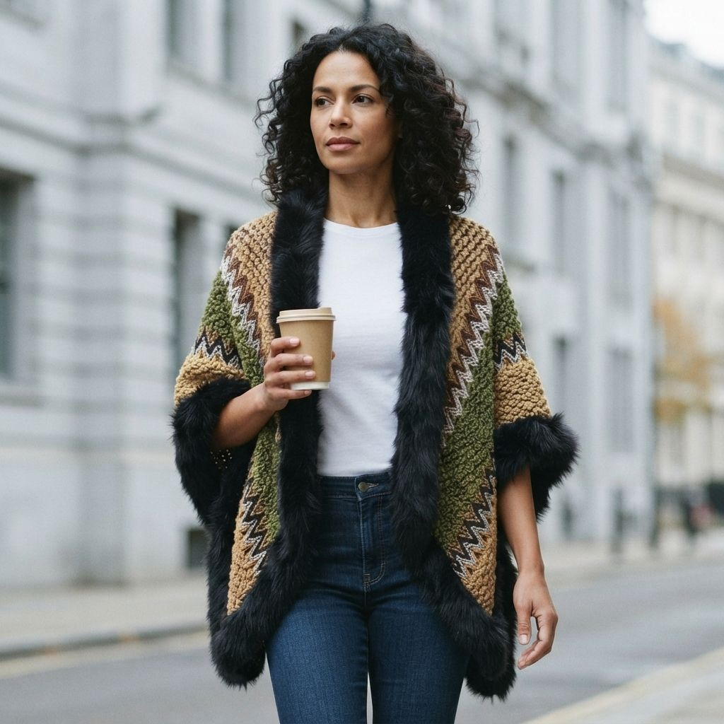 Woman wearing an Ocean Green chevron knit wrap cape with black plush trim over a white tee and jeans on a city street