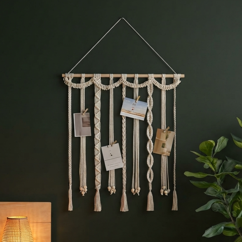 Porte-photos bohème en macramé avec cartes postales sur un mur vert profond au-dessus d'un lit au linge beige et d'une lampe tressée