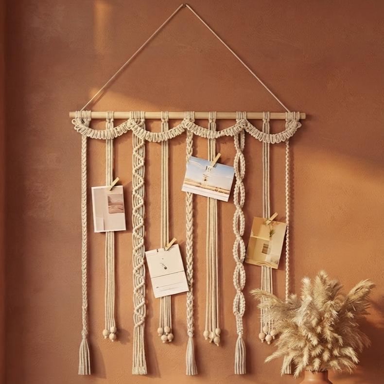 Porte-photos bohème en macramé avec cartes postales sur un mur terracotta au-dessus d'un banc en bois et d'herbe de la pampa