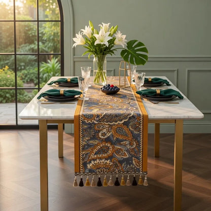 Boho Paisley Table Runner with Tassels | Farmhouse Vintage Fringe Runner | Wedding Holiday Decor